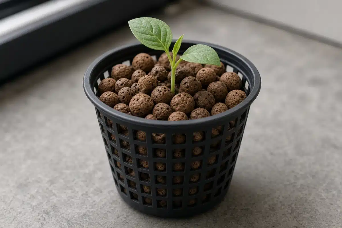 Net cup filled with clay pebbles and a seedling