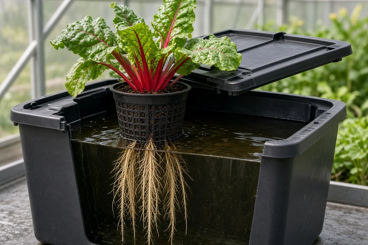 Net pot with roots hanging into a reservoir