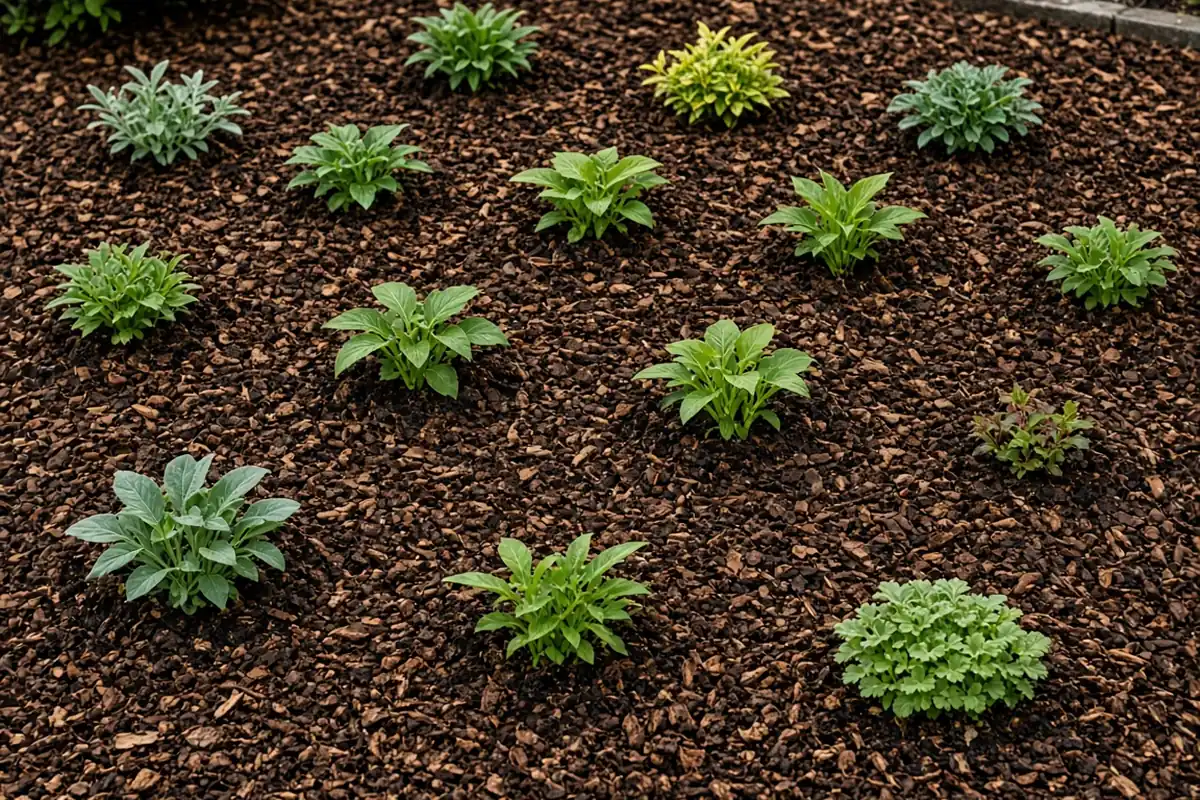 Newly planted perennials with mulch