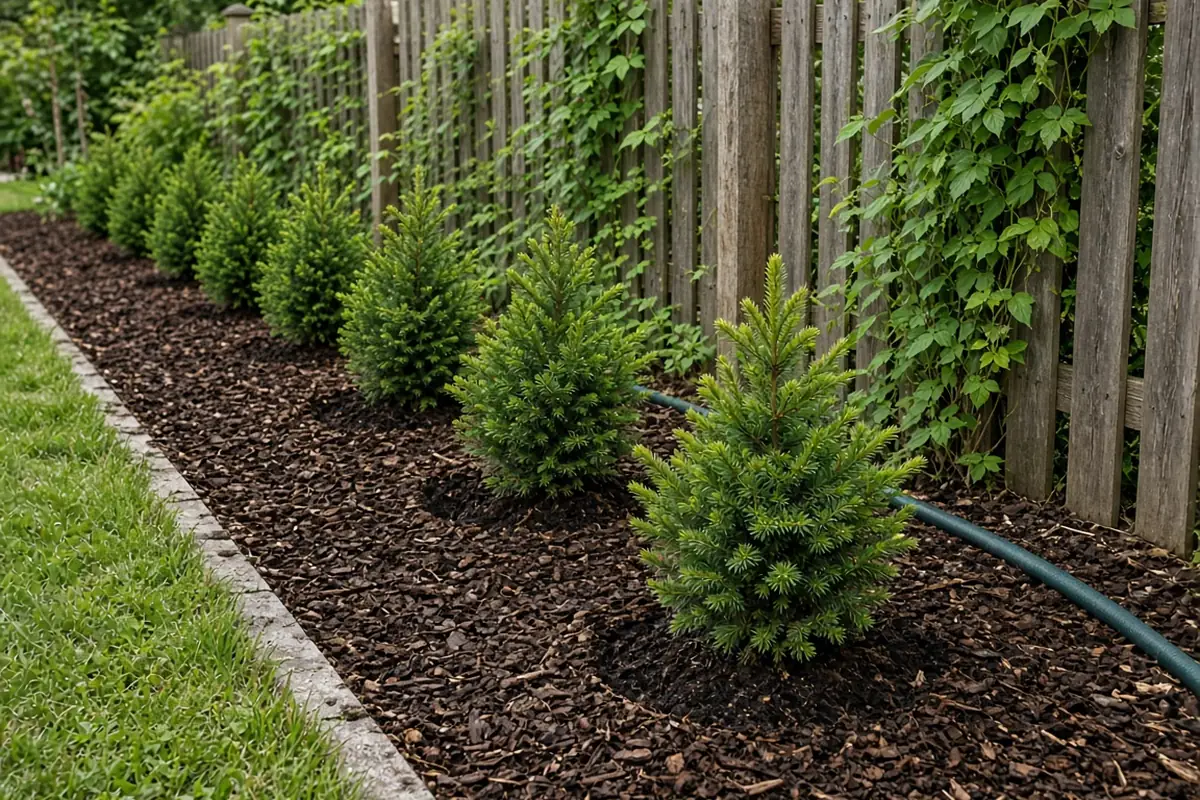 Newly planted row of small evergreen shrubs along a wooden fence