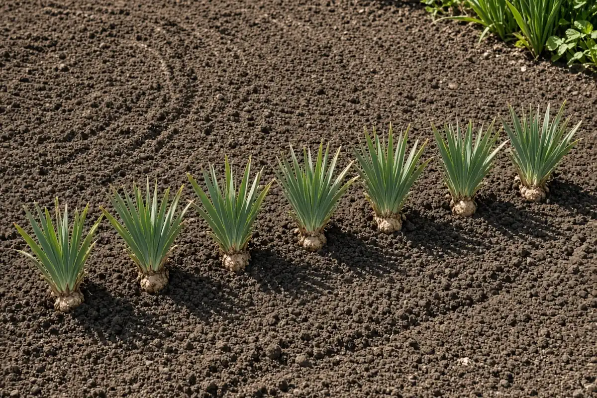 Newly replanted iris divisions in a bed