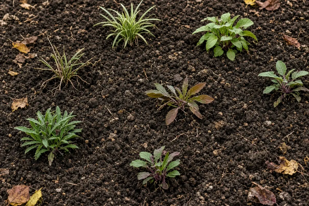 Newly replanted perennial divisions in a garden bed
