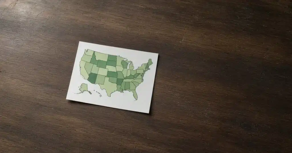 Printed US map with states shaded in green tones