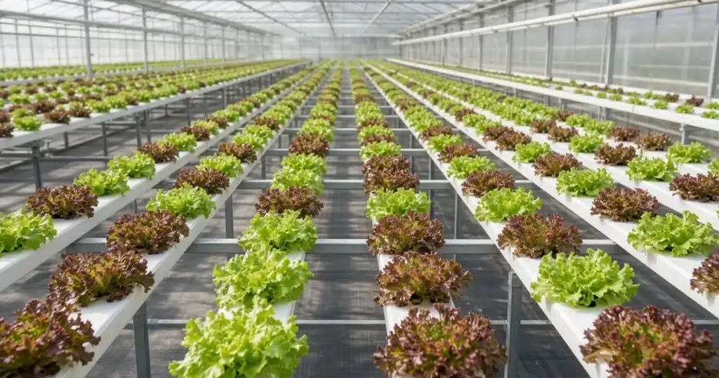 Rows of lettuce growing in white NFT gutter channels