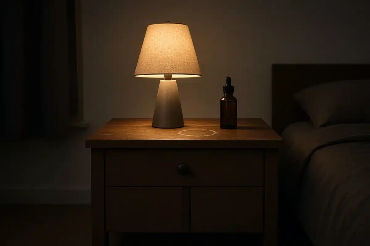 Nightstand with a tincture bottle and a lamp
