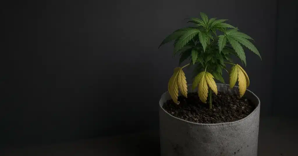Cannabis plant with yellowing lower leaves and green top