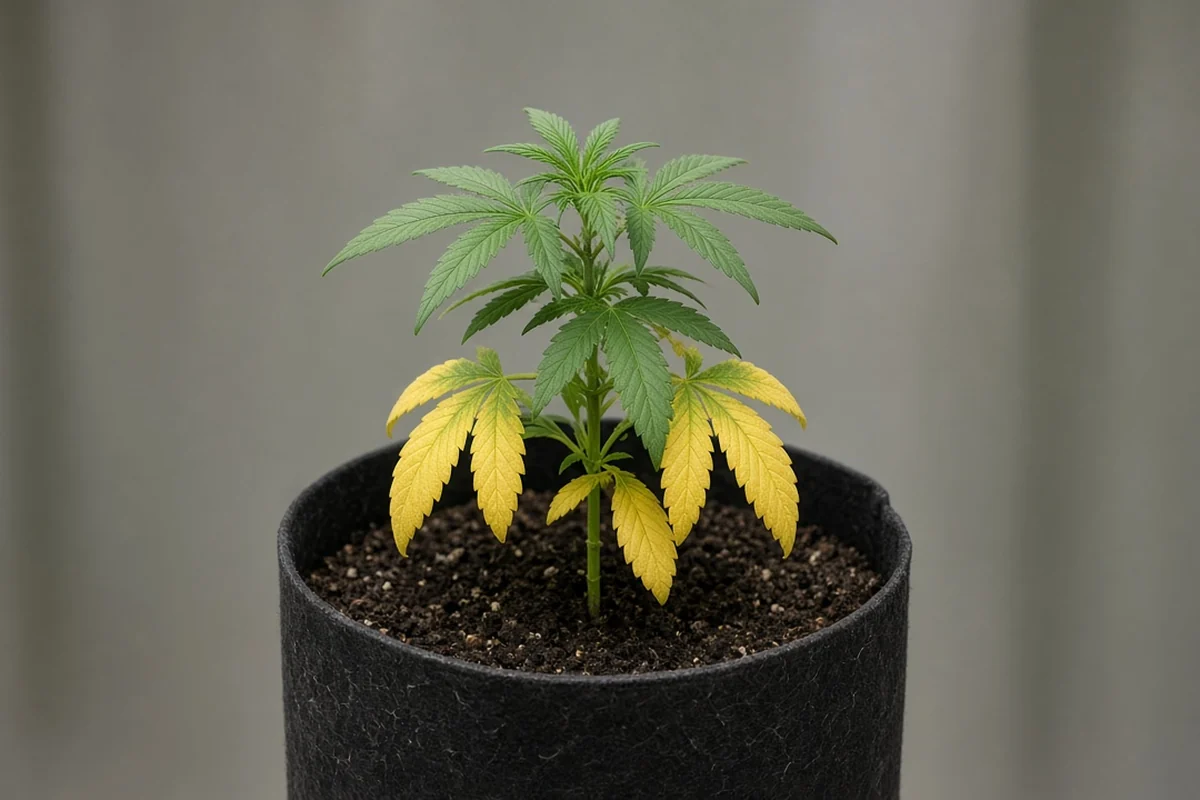 Cannabis plant with yellowing lower leaves, a sign of low nitrogen