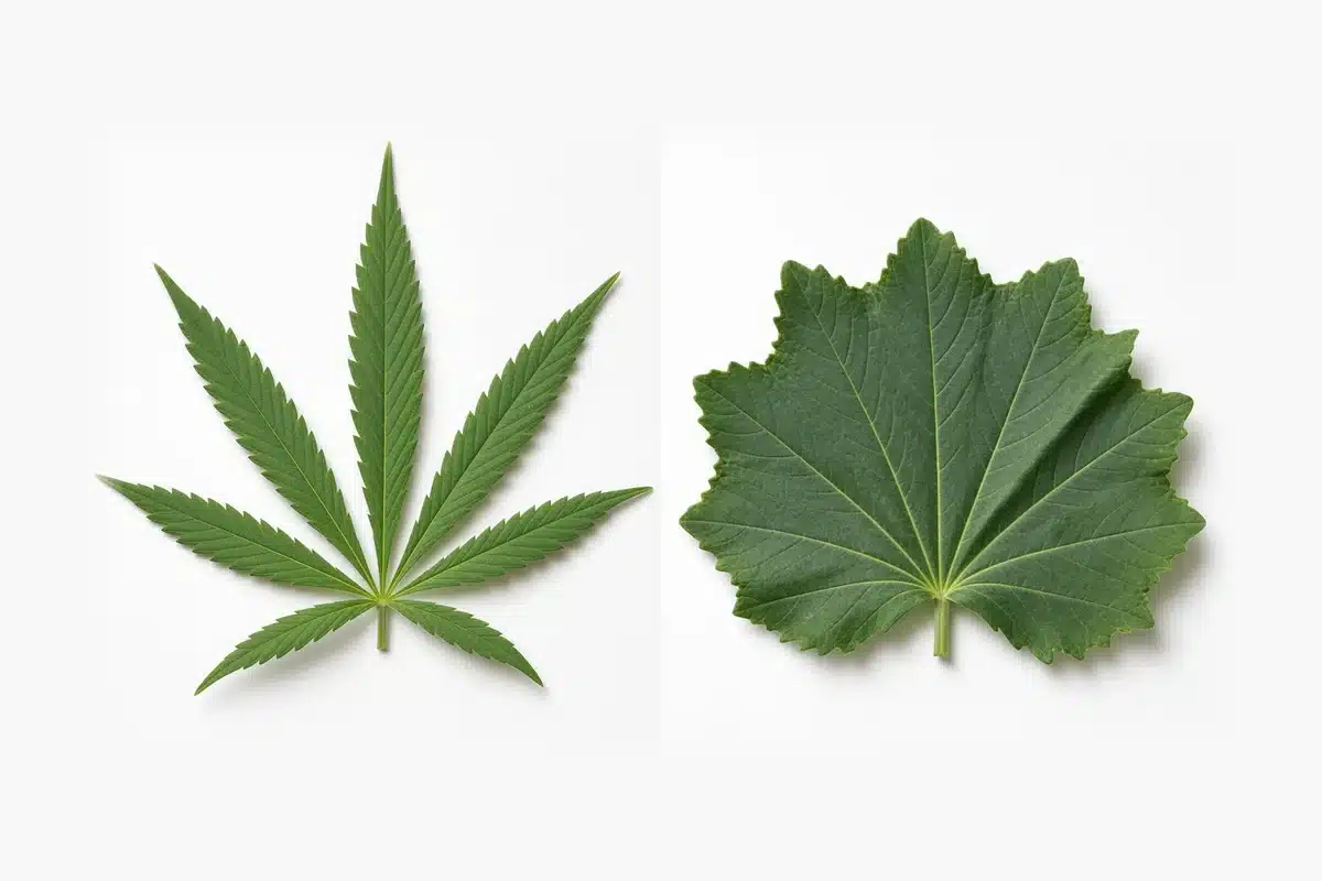 Normal cannabis leaf beside a webbed duckfoot leaf