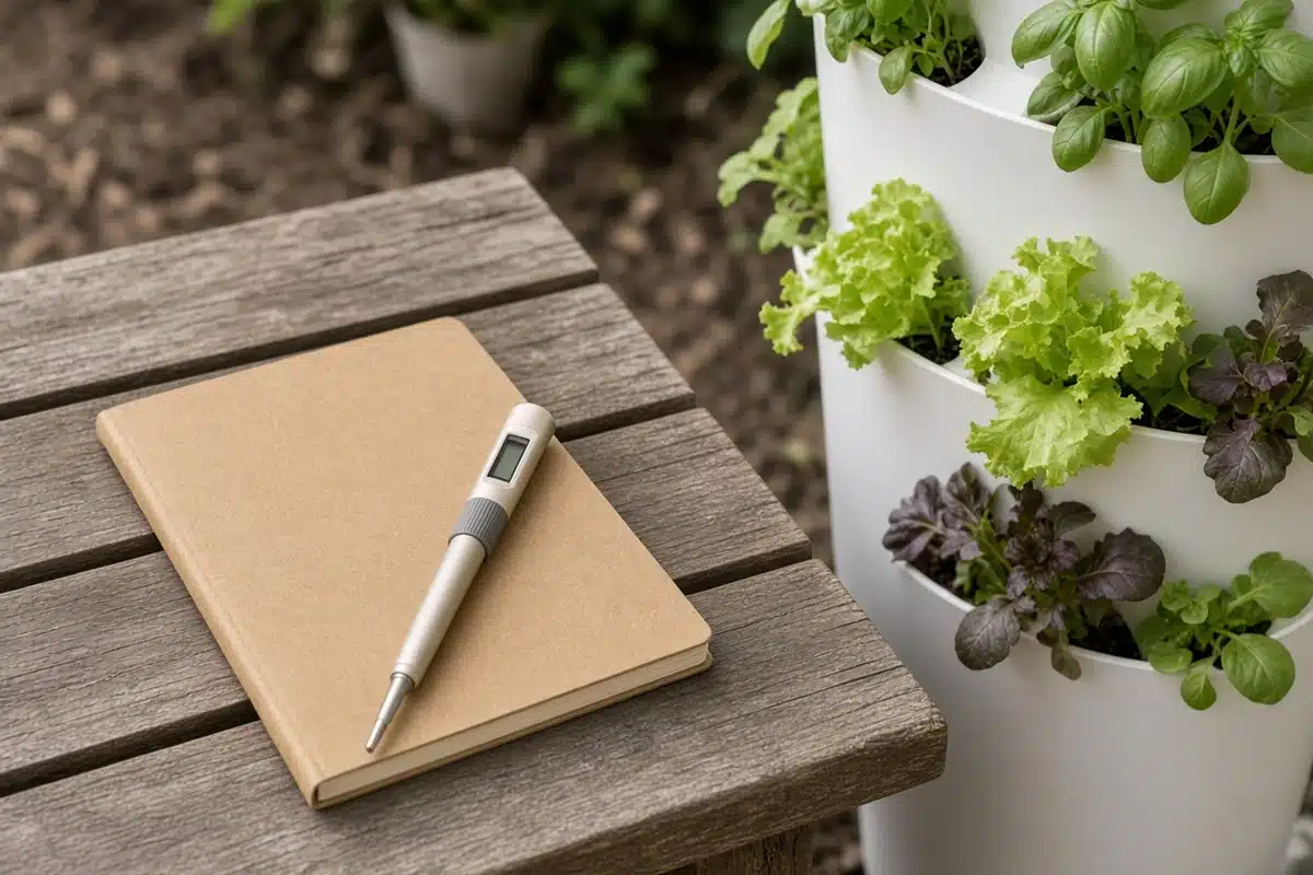 Notebook and meter on a bench next to a hydroponic system