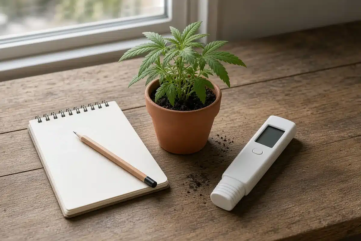 Notebook and pH meter beside a cannabis plant