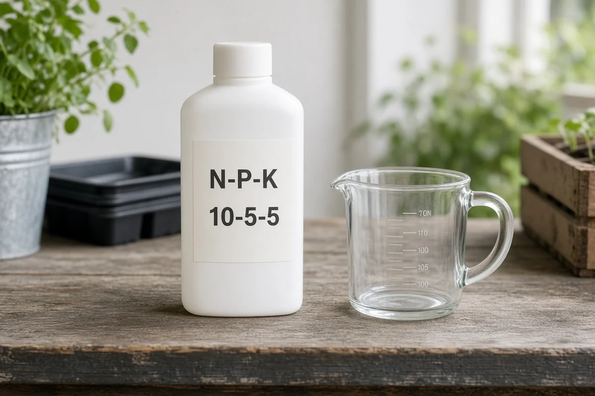 Fertilizer bottle with an NPK ratio label beside a measuring cup