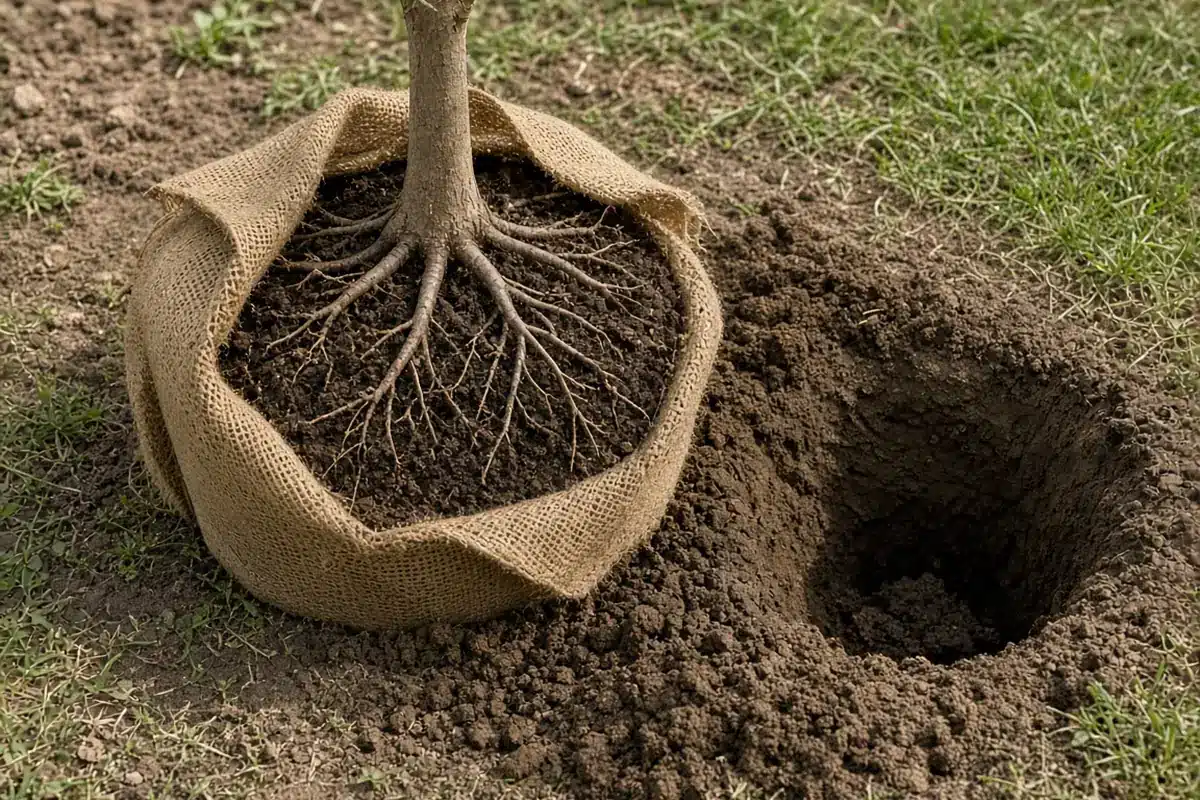 Nursery root ball with soil brushed away