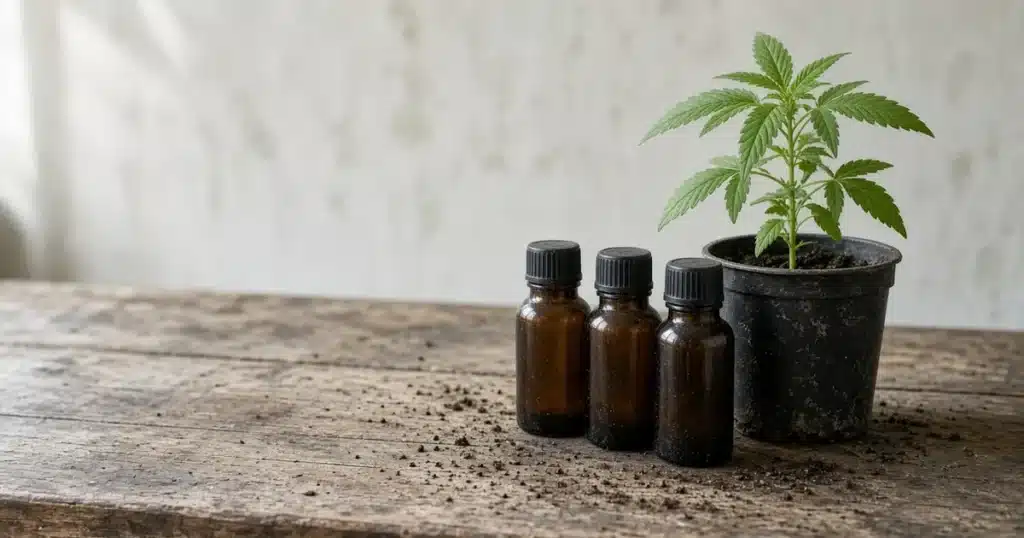 Young cannabis plant beside bottles of plant nutrients