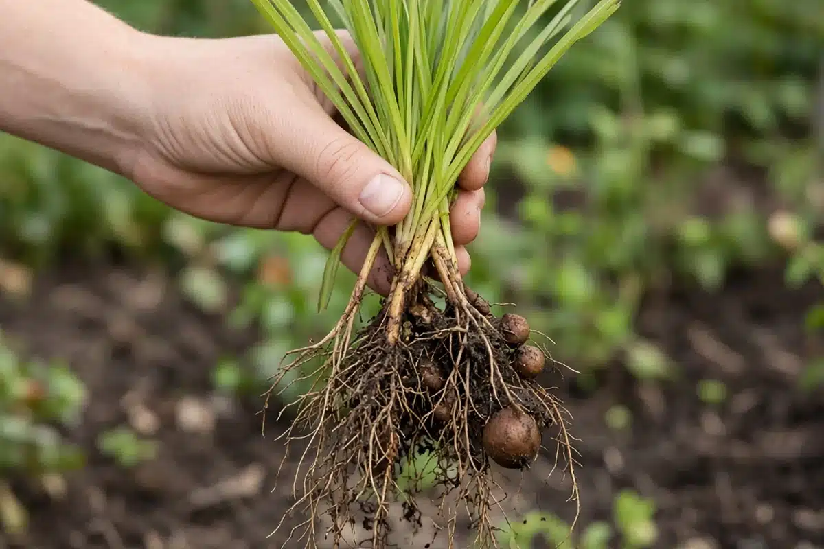 Dug up yellow nutsedge plant showing a triangular stem, leaves in sets of three and small round tubers on its underground stems