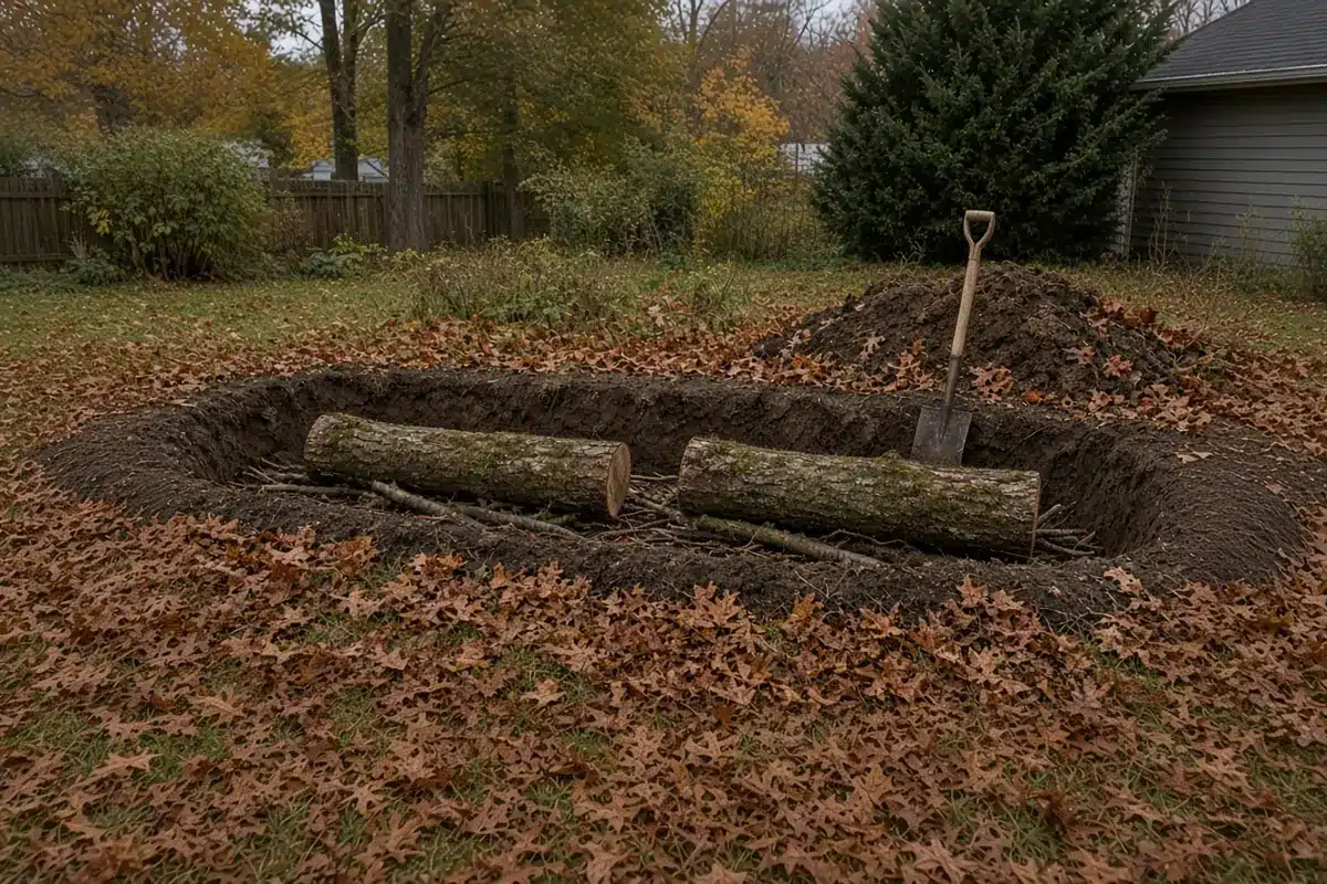 Oak and maple logs laid in the bottom of a garden trench for a hugelkultur bed.