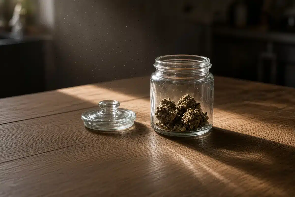 Old cannabis in a clear jar in sunlight