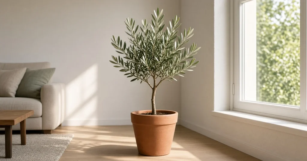 Potted olive tree near a sunny window