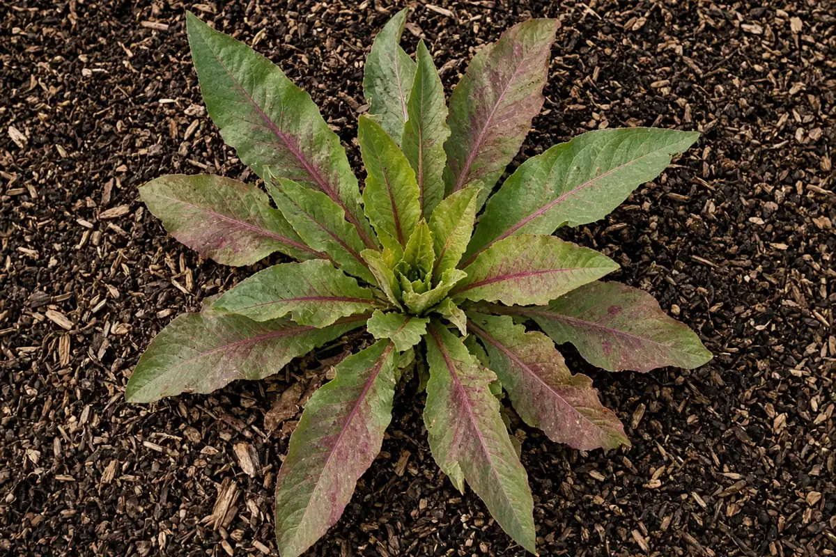 Open chicory rosette with long spreading leaves on mulch