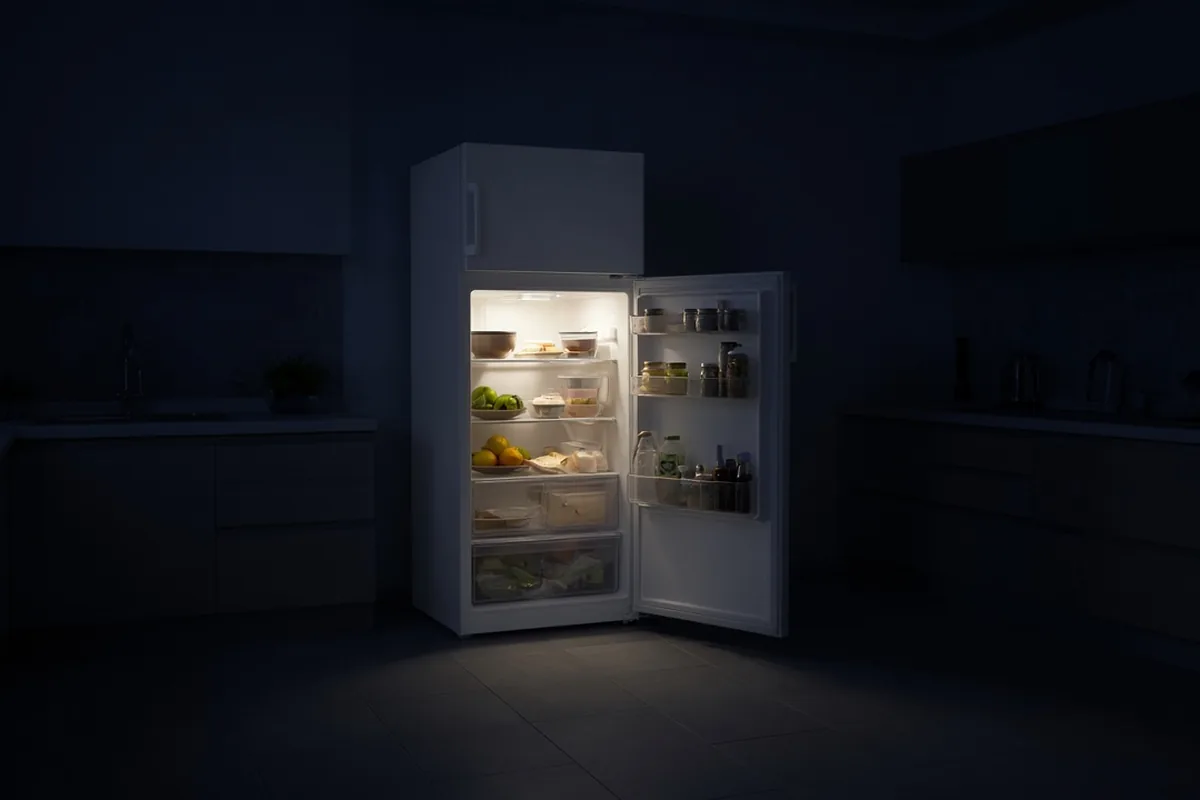 Open fridge full of snacks at night