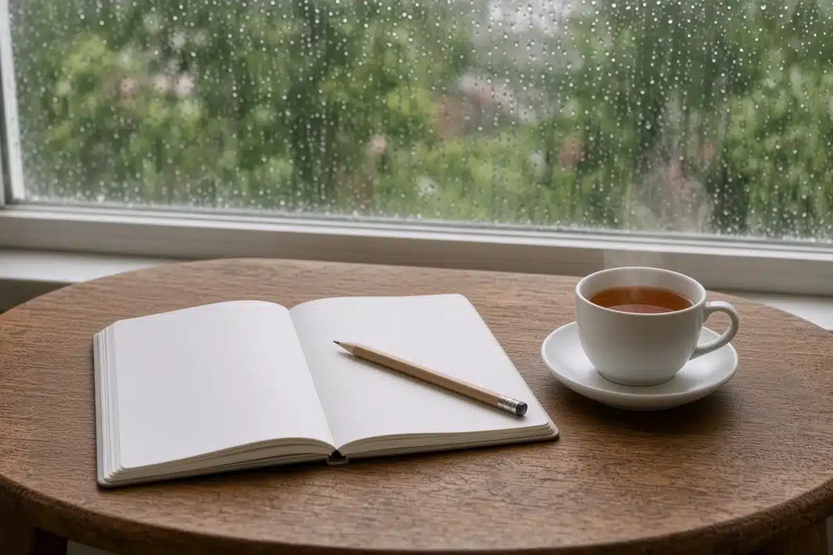 Open notebook and a cup of tea by a window