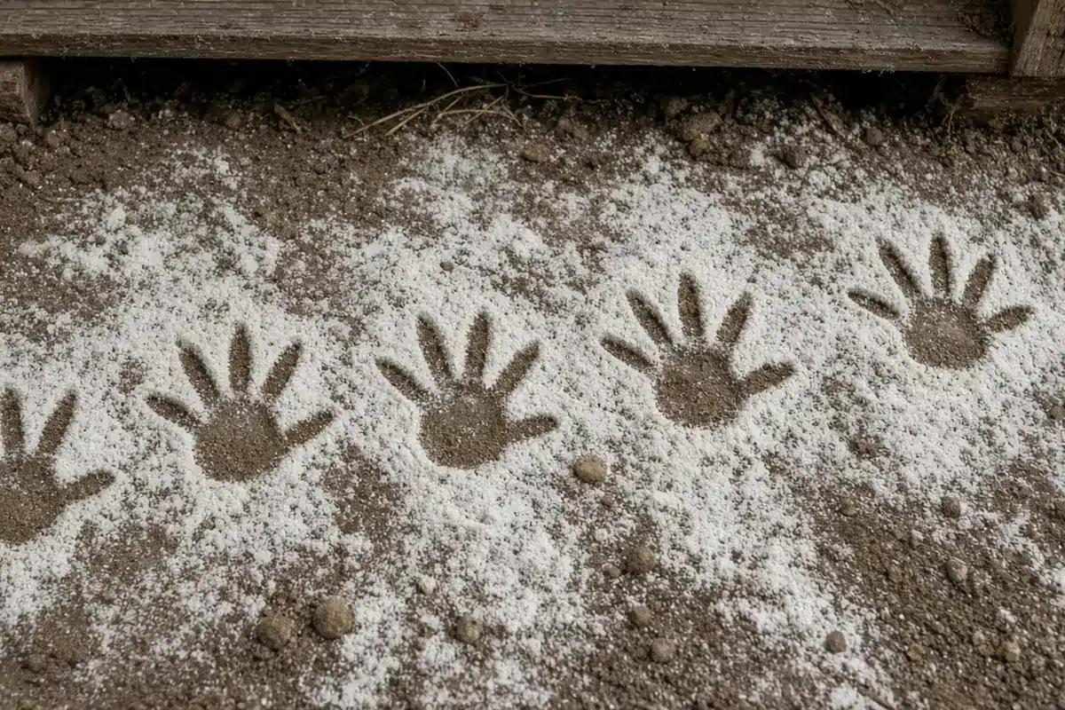 Smooth thin layer of flour spread in front of an opening under a garden shed, with opossum footprints leading out