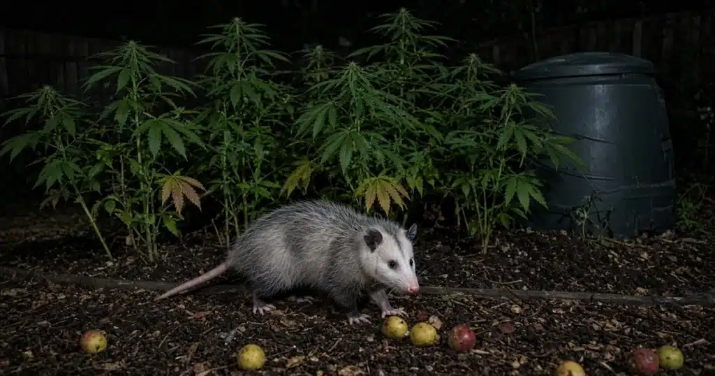 Opossum at night walking along the edge of a backyard cannabis bed beside a fallen fruit and a closed compost bin