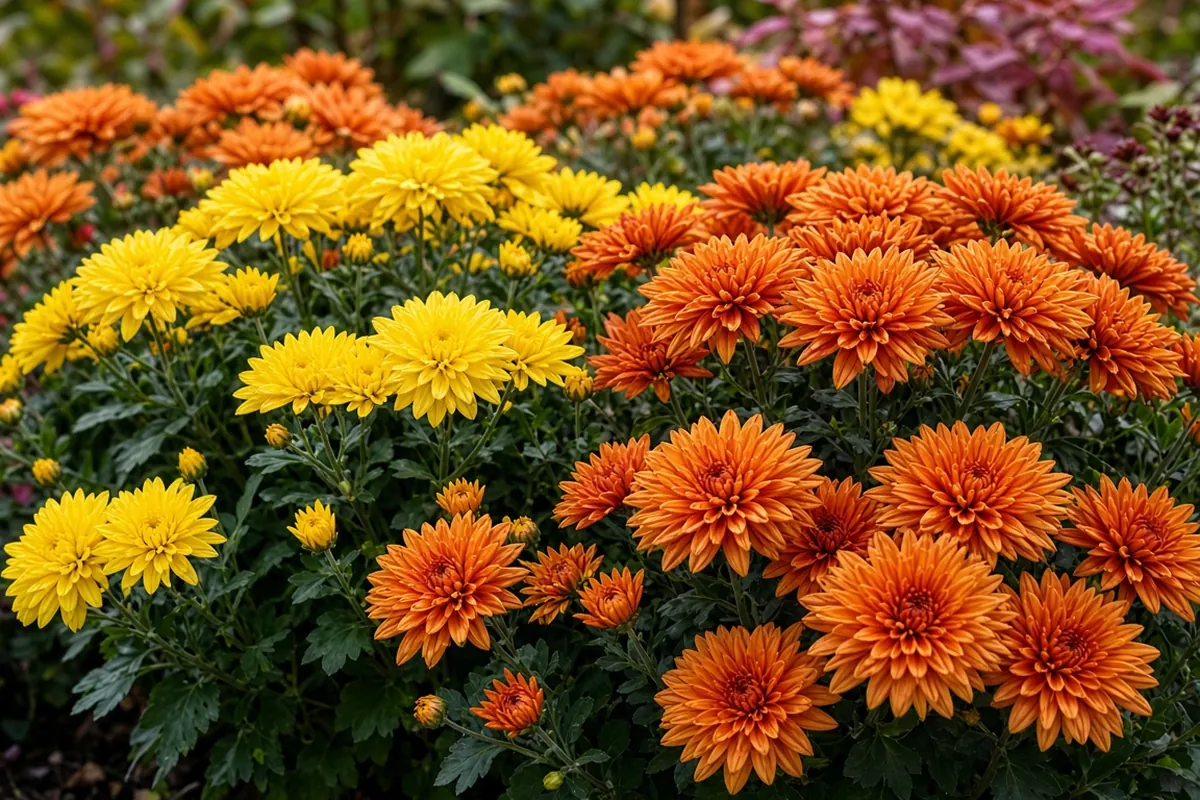 Orange and yellow garden mums in full bloom