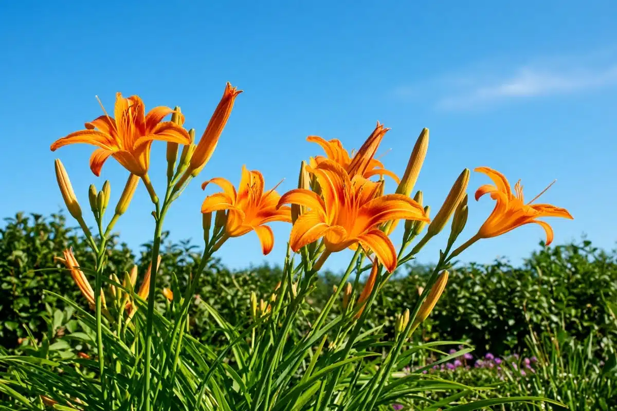 Orange daylily blooms in full sun