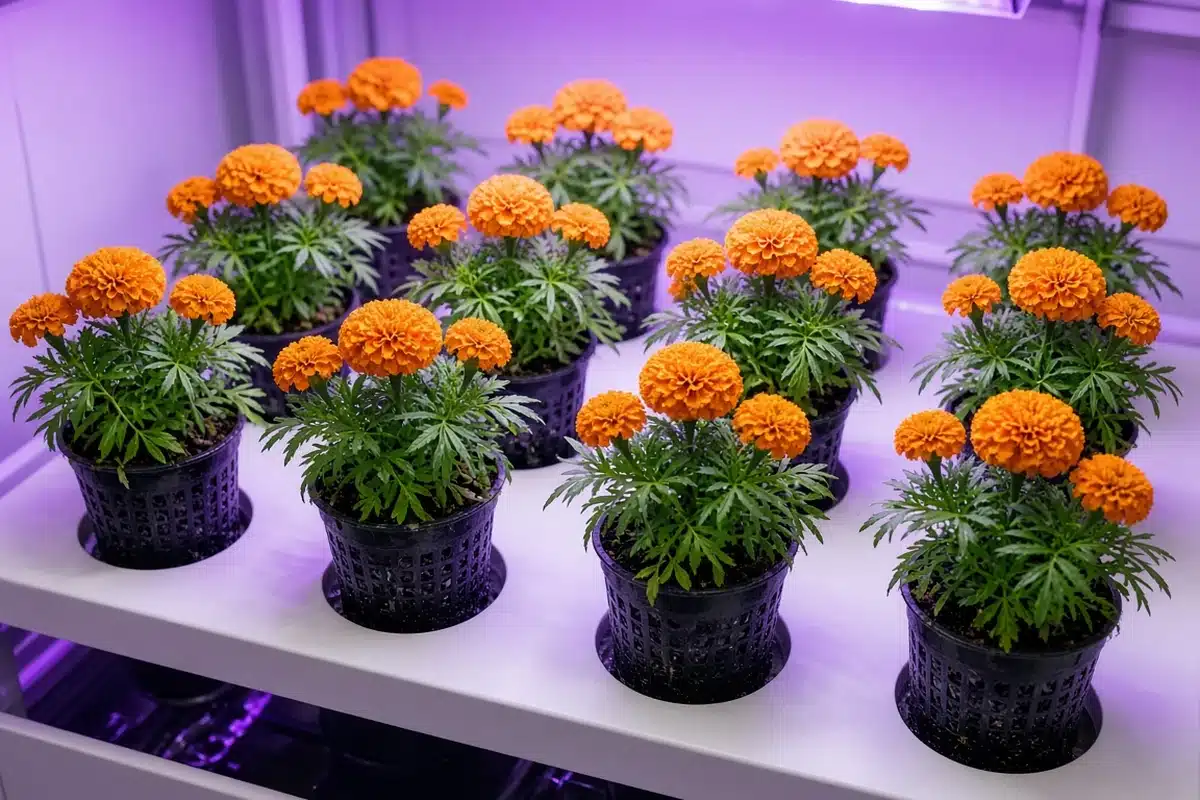 Orange marigolds in net pots under grow lights