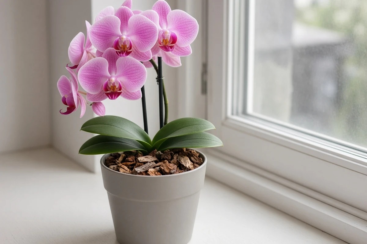 Orchid growing in bark mix on a bright windowsill
