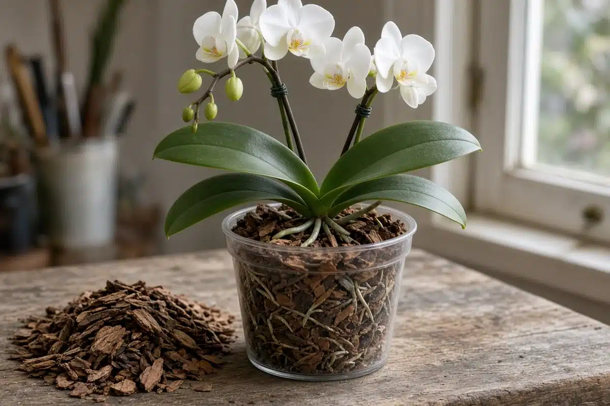 Orchid repotted in fresh bark mix