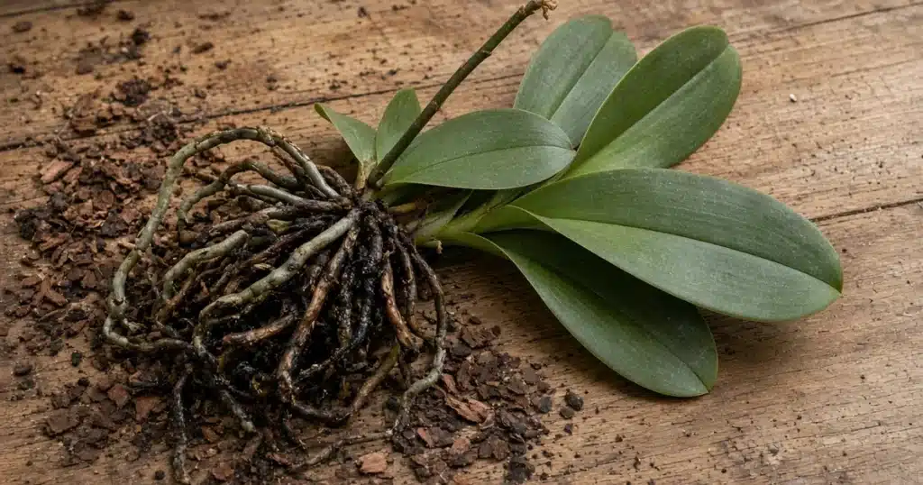 Orchid roots with brown mushy sections on a bench