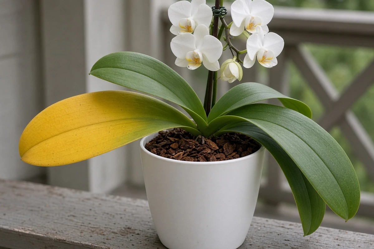 Orchid with a yellowing leaf