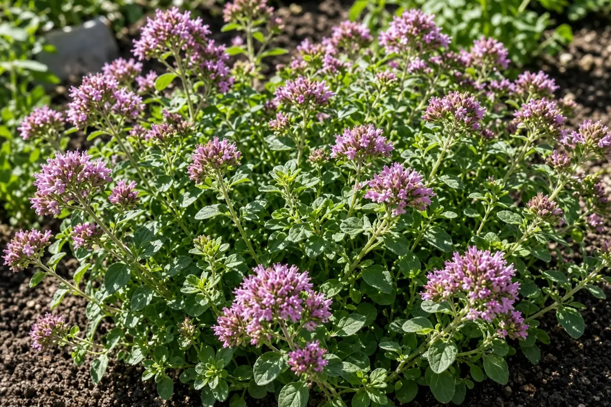 Oregano in bloom in an herb garden