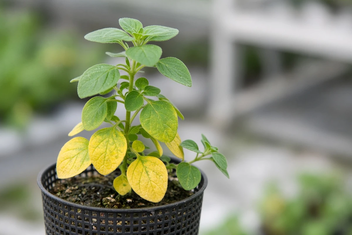 Oregano stem with yellow lower leaves