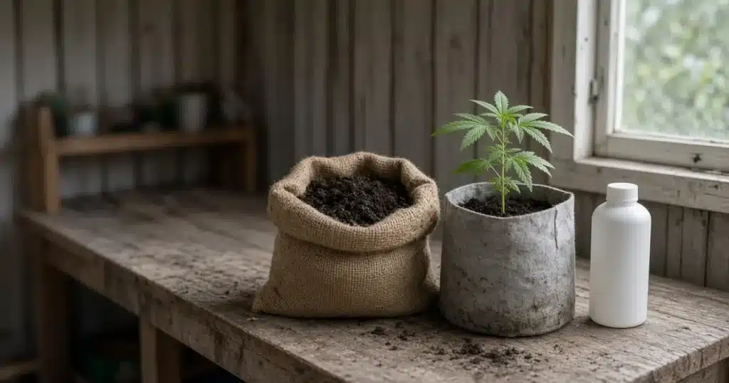 Sack of compost and a bottle of mineral nutrients beside a cannabis plant