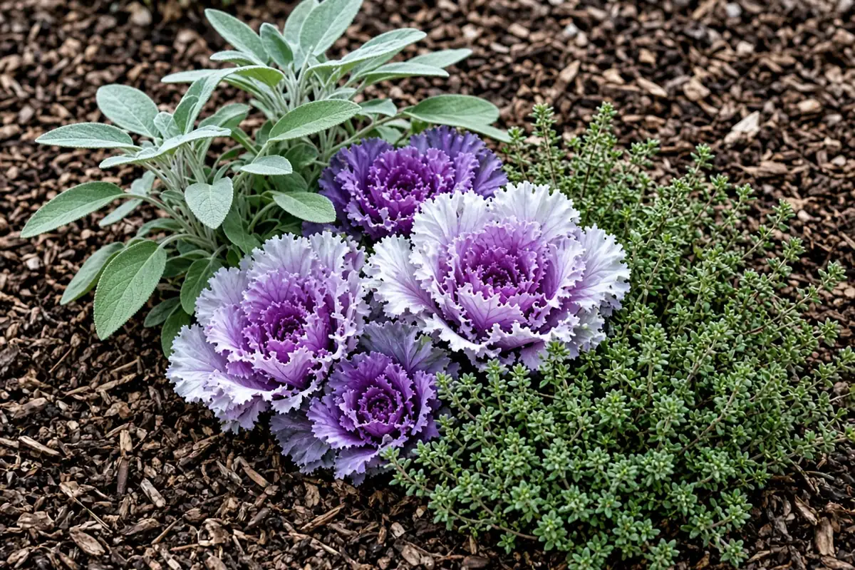 Ornamental kale and herbs in a front bed