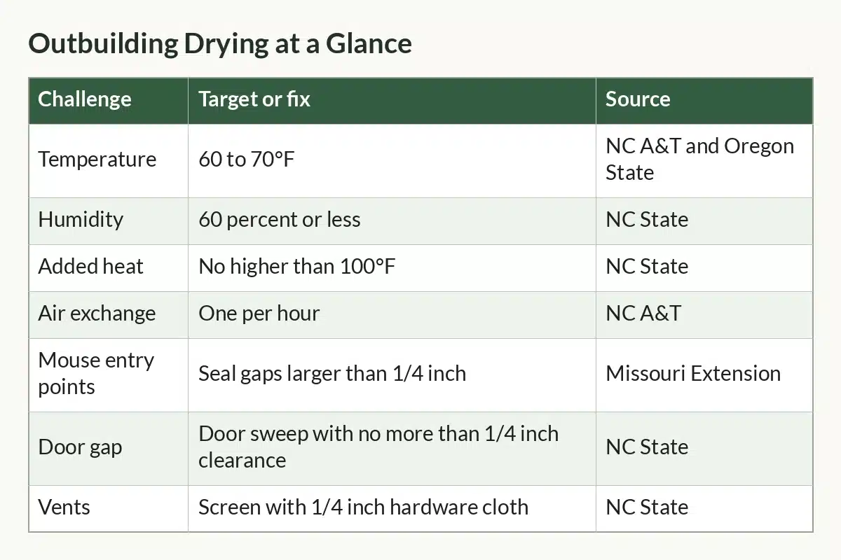 Table graphic of Outbuilding Drying at a Glance with columns Challenge, Target or fix, Source and 7 rows