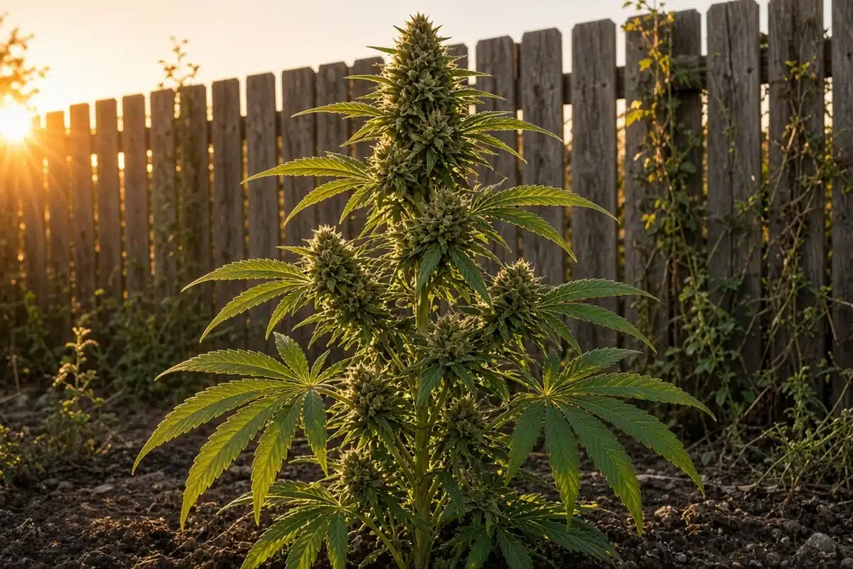 Single outdoor cannabis plant at sunrise with a garden fence behind it