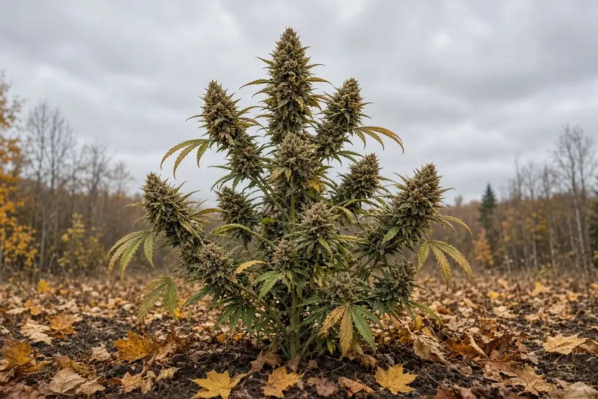 Outdoor cannabis plant with heavy buds under an overcast autumn sky with fallen leaves on the soil around it