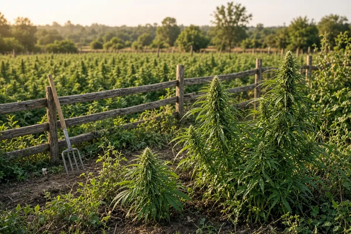 Outdoor cannabis plants in flower with a hemp field in the distance