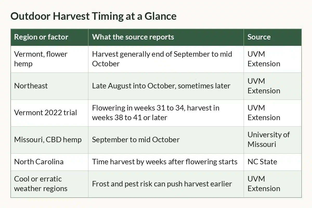 Table graphic of Outdoor Harvest Timing at a Glance with columns Region or factor, What the source reports, Source and 6 rows