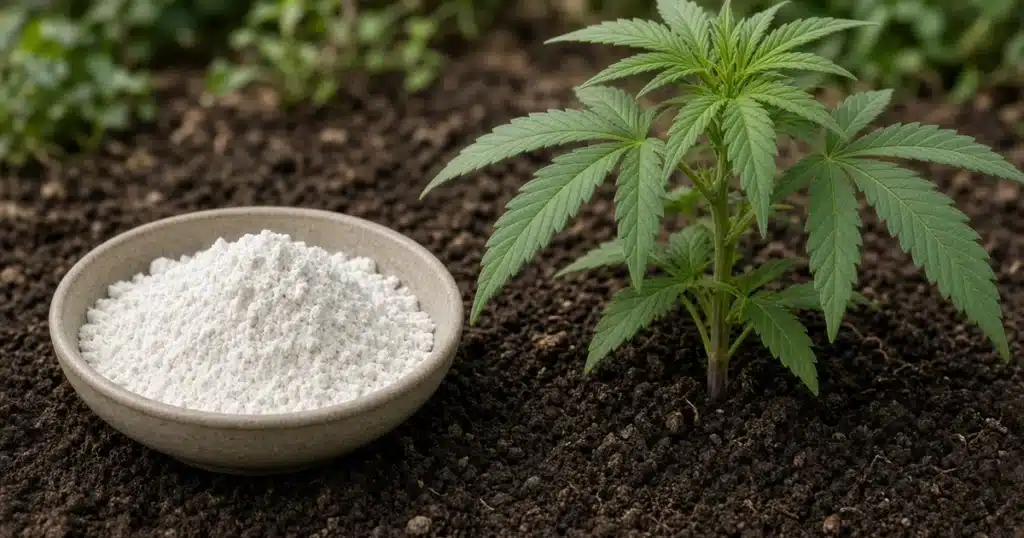 Fine white oyster shell flour in a shallow dish set on dark soil beside a cannabis plant growing in a garden bed
