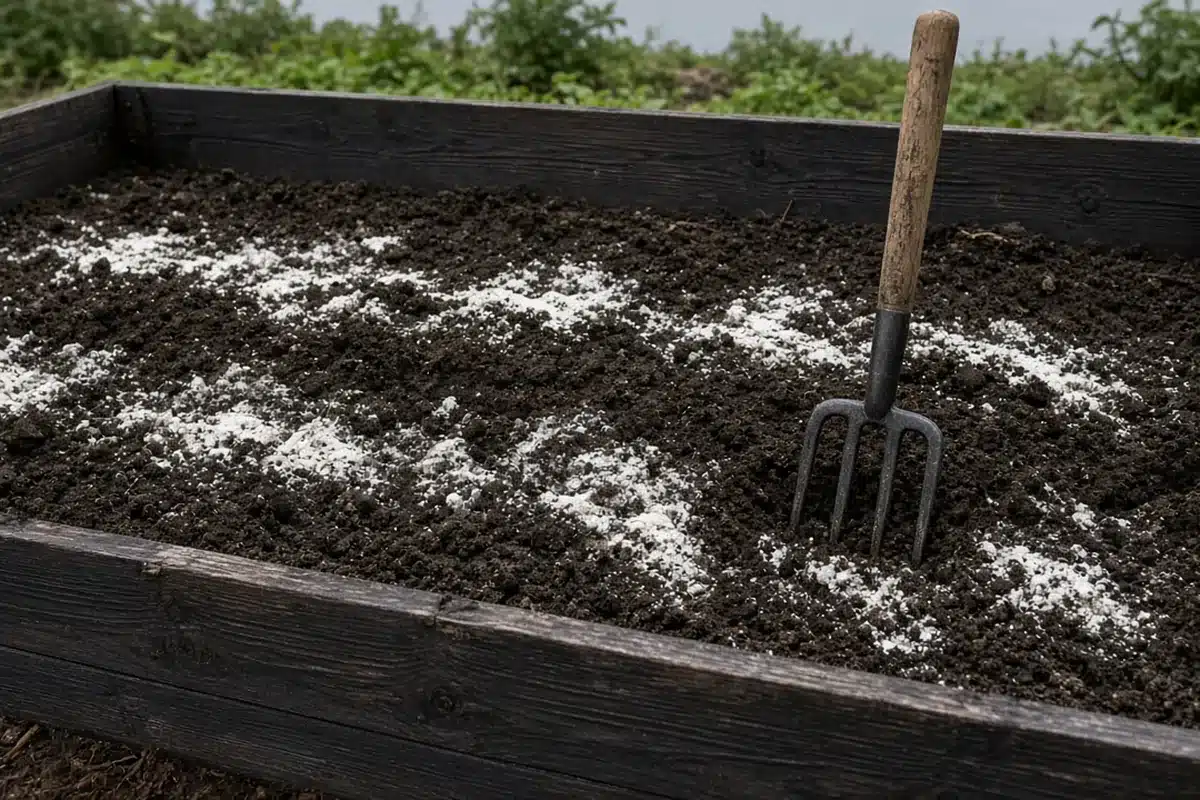 Garden fork upright in dark raised bed soil on an overcast day, with pale oyster shell flour partly turned under