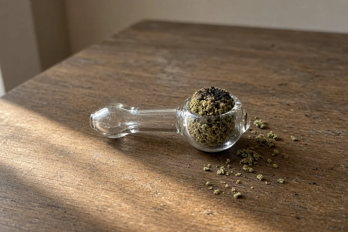 Packed glass bowl of ground cannabis