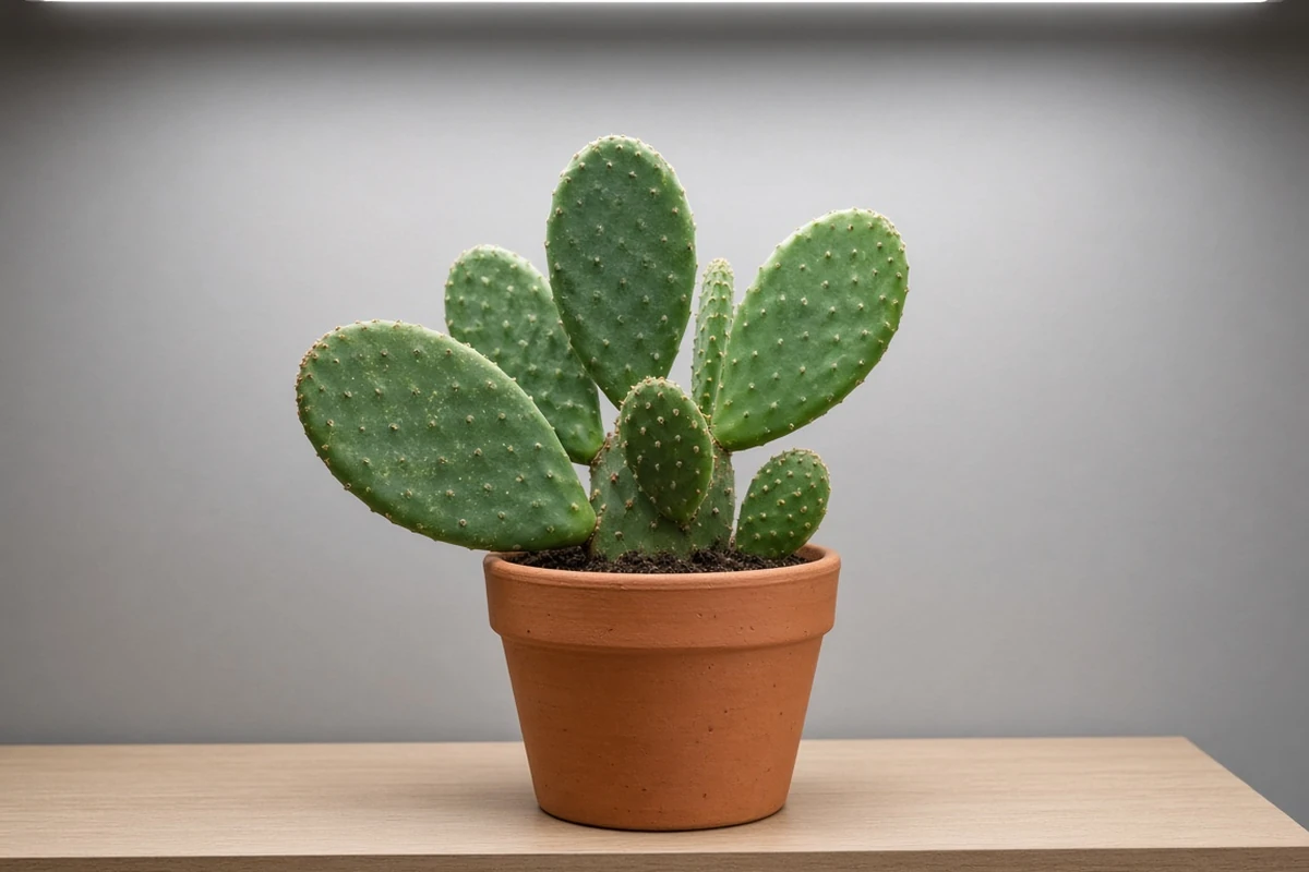 Pad forming Opuntia in a clay pot under an LED