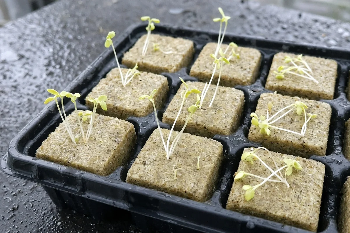 Pale yellow seedlings in a starter tray