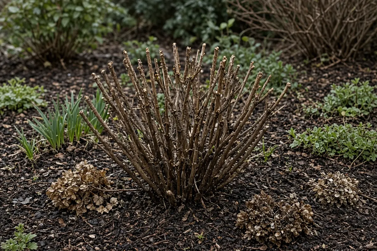 Panicle hydrangea cut back in late winter