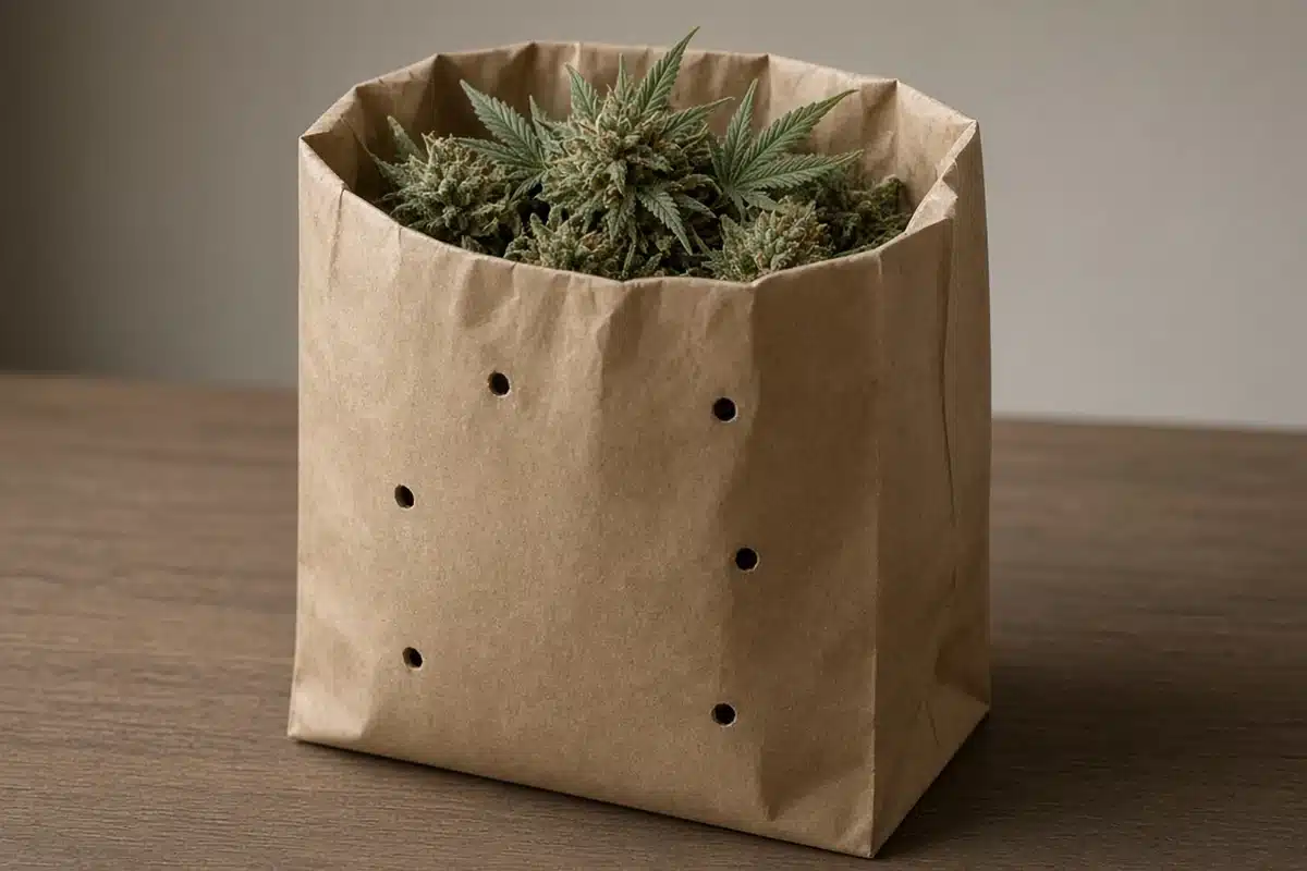 Brown paper bag with small punched holes in the side and cannabis buds visible at the open top