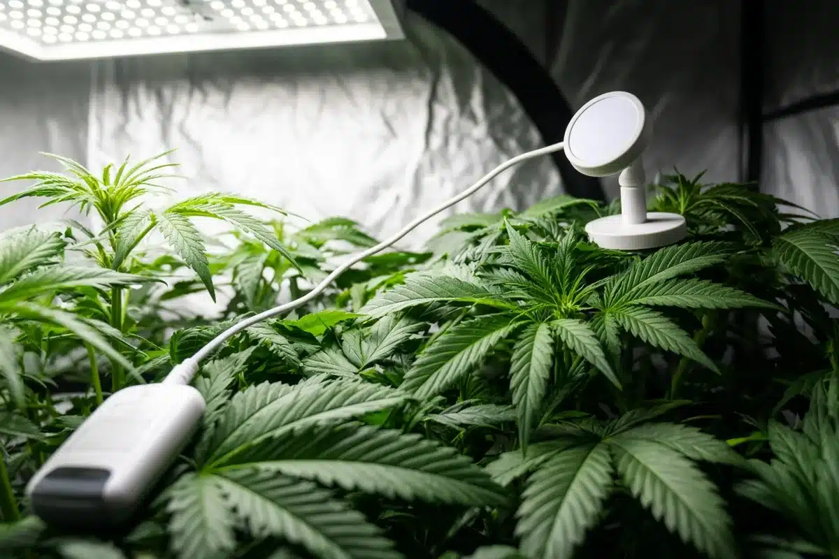PAR meter sensor resting at cannabis canopy height under an LED fixture
